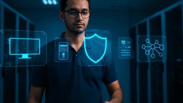 A focused South Asian IT professional enhances cybersecurity and data protection by interacting with an advanced holographic interface in a secure server room environment.