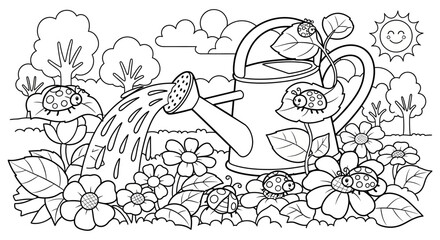 Whimsical Garden Scene with Watering Can and Flowers Line Art