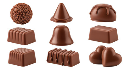 Assortment of delicious milk chocolates, isolated on transparent background