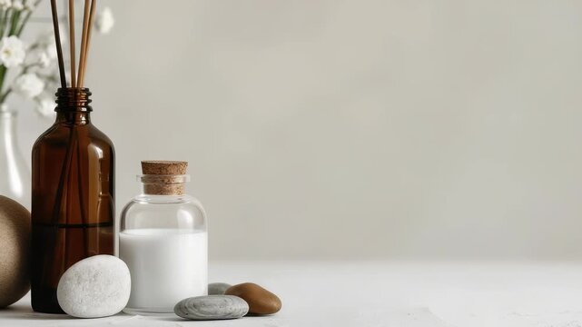 A serene spa scene featuring amber glass bottle with diffuser sticks, clear bottle filled with white liquid,, smooth pebbles. This arrangement promotes relaxing wellness atmosphere