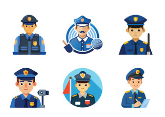 Set of Policeman Characters Wearing Uniforms in Different Styles and Roles