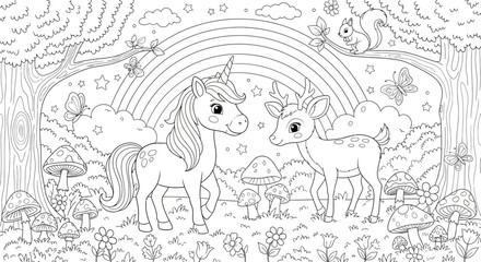 Cute Unicorn and Baby Deer with Rainbow in Enchanted Forest Line Art © shankara