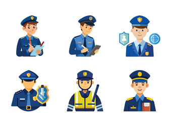 Collection of Police Officer Avatars in Uniform Representing Various Roles and Departments