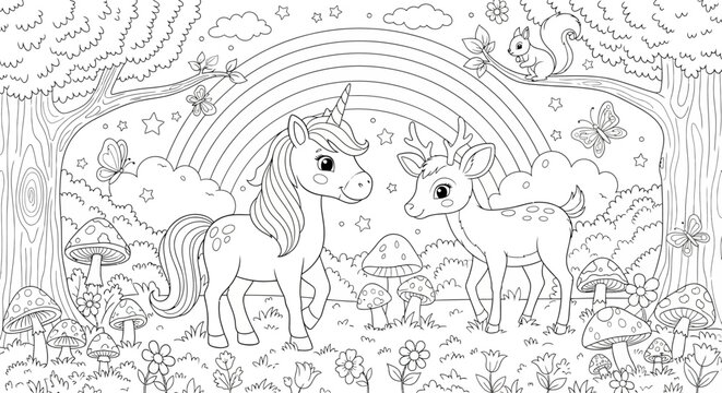 Cute Unicorn and Baby Deer with Rainbow in Enchanted Forest Line Art