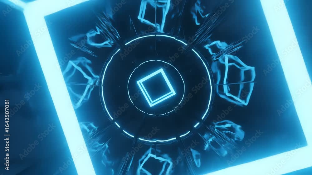 Poster abstract glowing animation with blue hue features floating cubes and circular patterns, creating a d