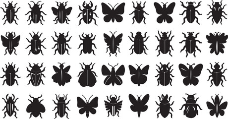 Collection of black insect silhouettes on a white background featuring butterflies beetles and other arthropods