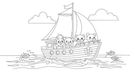Happy Cartoon Animals Sailing on a Boat in the Ocean Line Art