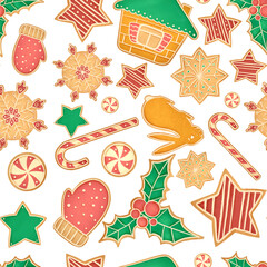 Seamless pattern on a white background watercolor illustration. Christmas gingerbread. Drawn sketch in children's style.