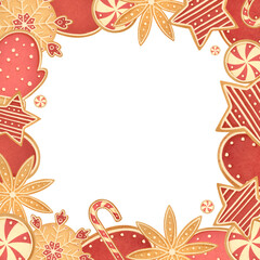 The template square frame of gingerbread on a white background. Children's style watercolor holiday's illustration.