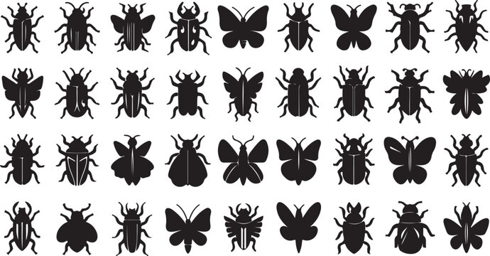 Collection of black insect silhouettes on a white background featuring butterflies beetles and other arthropods