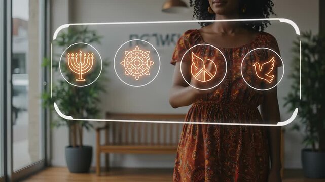 Interfaith peace and spiritual dialogue: A young Black woman interacts with a modern holographic display showing diverse religious symbols promoting unity.