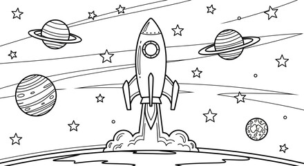 Space Rocket Launching from Earth into Starry Galaxy with Planets Outline Drawing © shankara