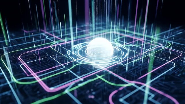 Glowing sphere on circuit board with neon lines