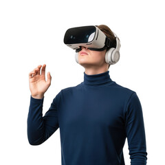 Young man wearing a virtual reality headset and headphones, reaching out with his hand, isolated on transparent background