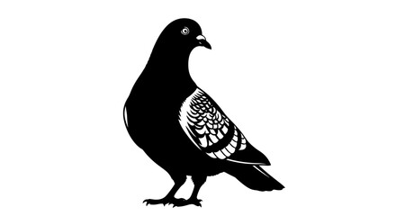 Detailed black silhouette of a standing pigeon, side view, on an isolated white background.