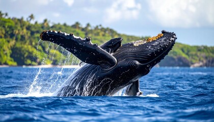 Obraz premium A photo of a mother humpback whale and her calf in the ocean near Tonga. The mother whale is lifting her calf up to the surface for air. The calf is playfully splashing water.