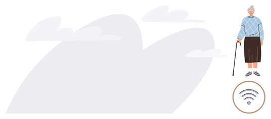 Elderly woman standing with cane beside wireless symbol under cloudy sky. Ideal for connectivity, inclusion, senior lifestyle, digital literacy, independence, modern communication, accessibility