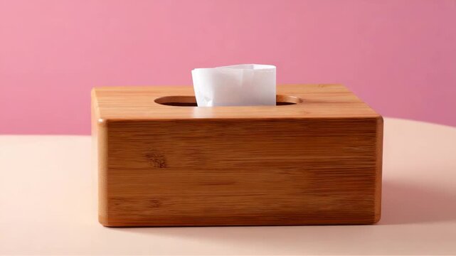 Minimalist bamboo tissue box holder on a pastel surface with centered lighting and sharp wood grain details,