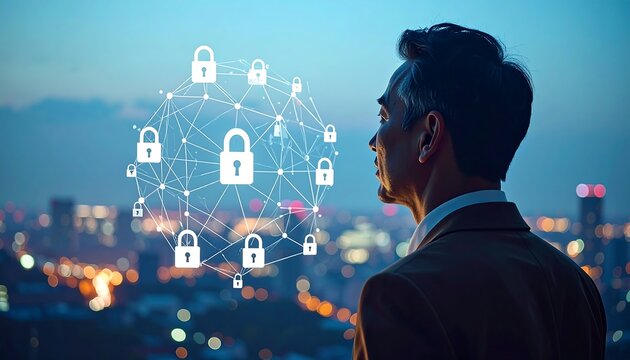 Businessperson cityscape security network