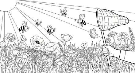 Coloring page of bees and butterfly in a sunny flower meadow with a net © shankara