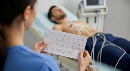 A medical professional examines an electrocardiogram of a patient lying on a bed.
