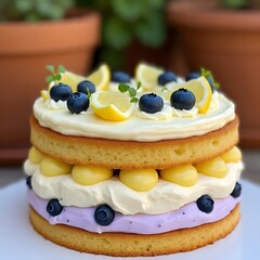 sponge cake with spread of fluffy white cream and pastel purple cream, dotted with fresh blueberries and swirls of glossy lemon curd