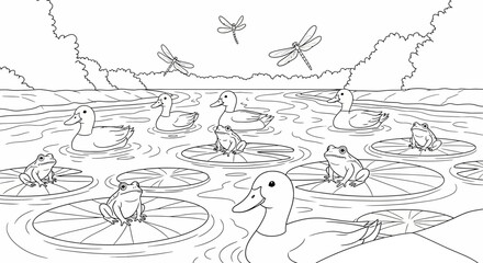 Ducks and Frogs on Lily Pads in a Pond with Dragonflies, Black and White Sketch Style