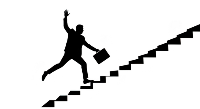 Silhouette of a businessman in a suit with a briefcase, jumping up stairs, isolated on transparent background, symbolizing career success and ambition