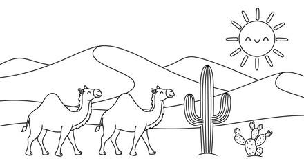 Detailed coloring page of a peaceful desert landscape with walking camels, cacti, and a happy sun on an isolated white background. © shankara