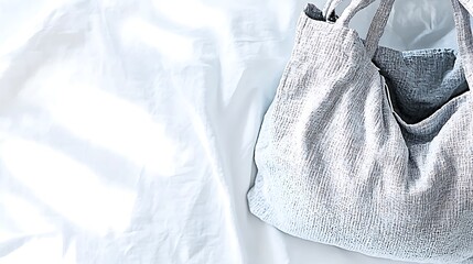 Minimalist cloth bag folded neatly on white backdrop, 50mm lens capturing fabric surface and subtle folds with even studio lighting