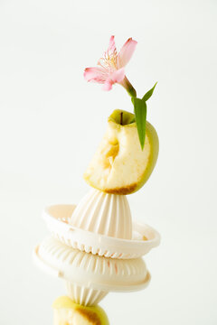 Creative fruit display with flower on white background