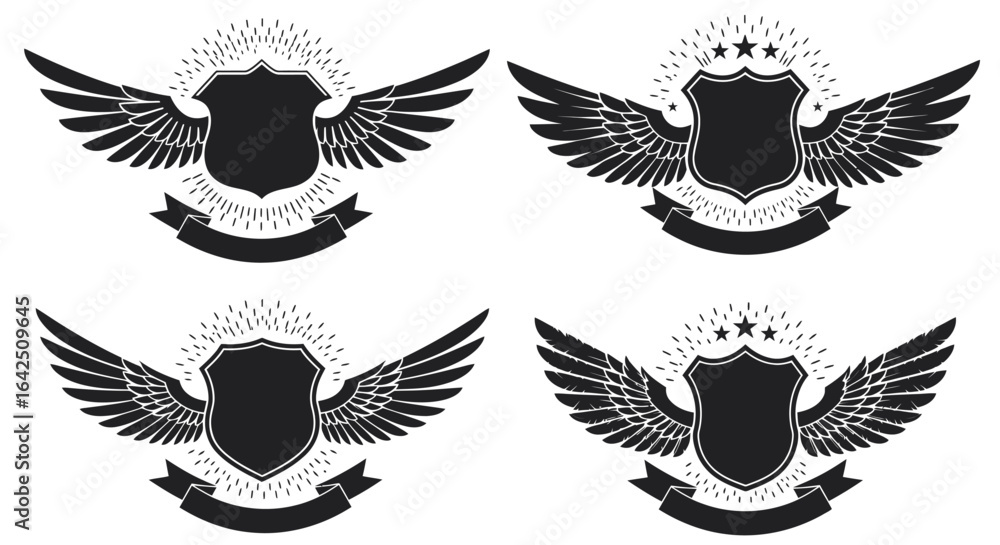 Poster a versatile collection of four isolated black and white vector emblems featuring winged shields and 