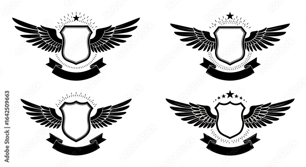 Aufkleber a collection of heraldic emblem designs, featuring shields, wings, and ribbons, presented in a vecto