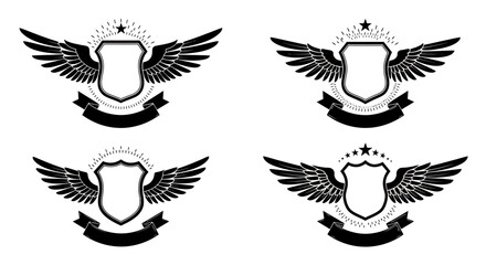 Fototapeta premium A collection of heraldic emblem designs, featuring shields, wings, and ribbons, presented in a vector format with a transparent background for versatile use in various design projects.
