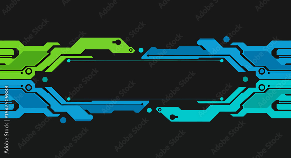 Poster a vibrant, futuristic vector ribbon design featuring interconnected green and blue circuit patterns 