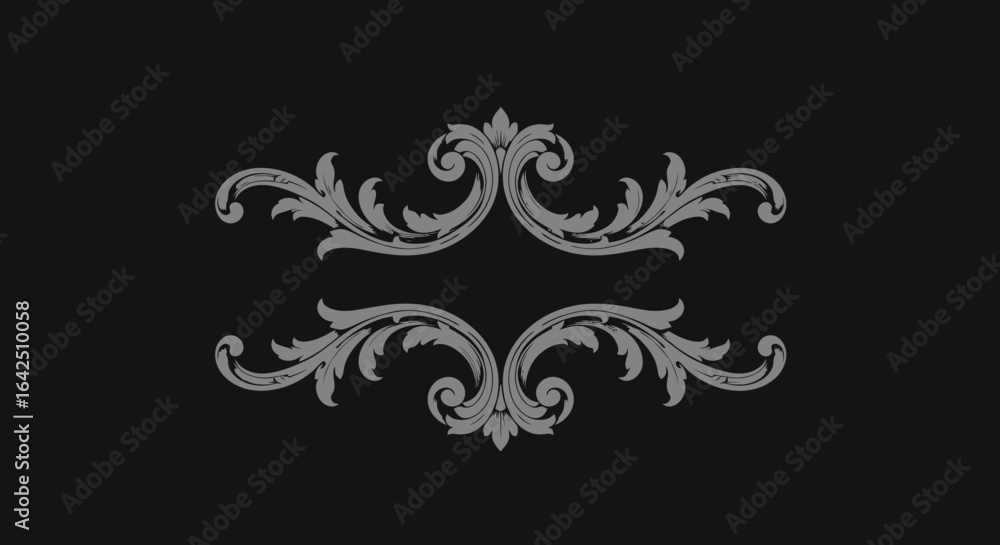 Aufkleber An elegant and symmetrical grey rococo scrollwork design, perfect as a decorative element, border, or frame for various creative projects and invitations.