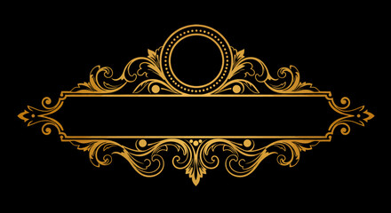 Elegant vintage golden ornate divider with decorative swirls and a central banner, perfect for invitations and formal designs.