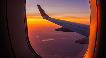 Aerial Sunrise View Through Airplane Window, Wing Detail