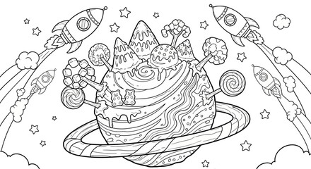 Whimsical Space Candy Planet with Flying Rockets and Stars, Outline Coloring Page
