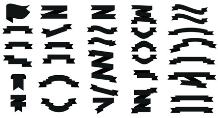 Collection of diverse black ribbon banners and scrolls in various shapes and styles, perfect for graphic design and text decoration.