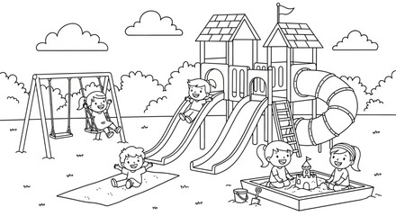 Happy Children Playing Actively on a Playground with Swings, Slide, and Sandpit, Outline Coloring Page