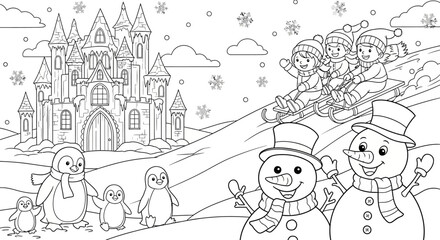 Happy Kids Sledding Down a Snowy Hill with Snowmen, Penguins, and a Winter Castle in the Background, Outline Coloring Page