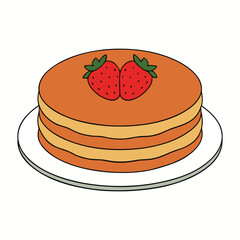 Fluffy pancakes stacked high, topped with sweet, juicy strawberries and drizzled with syrup, creating a delightful breakfast treat bursting with fruity flavor.
