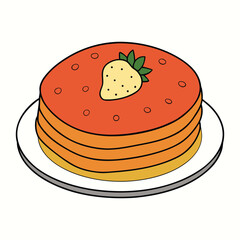 Fluffy pancakes stacked high, topped with sweet, juicy strawberries and drizzled with syrup, creating a delightful breakfast treat bursting with fruity flavor.

