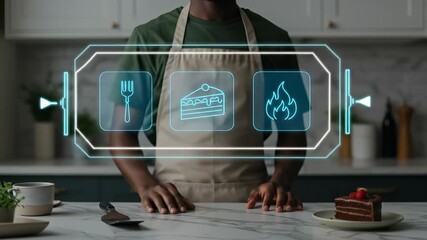 A Black man interacts with futuristic culinary holographic technology in a modern kitchen, preparing food like cake with an advanced digital interface.