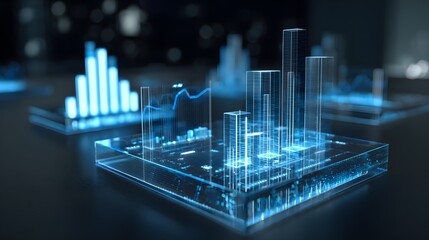 Futuristic holographic city model with data graphs
