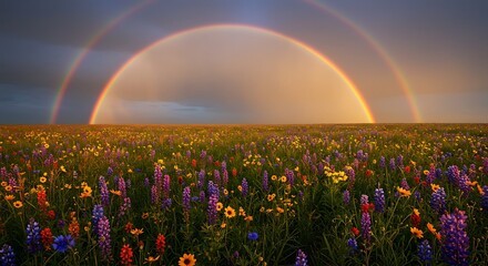 Rainbow Over Wildflower Meadow: Hopeful Spring Landscape