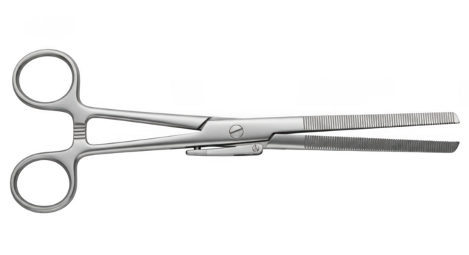 Surgical hemostatic forceps, a medical instrument for controlling blood flow during surgery, isolated on transparent background
