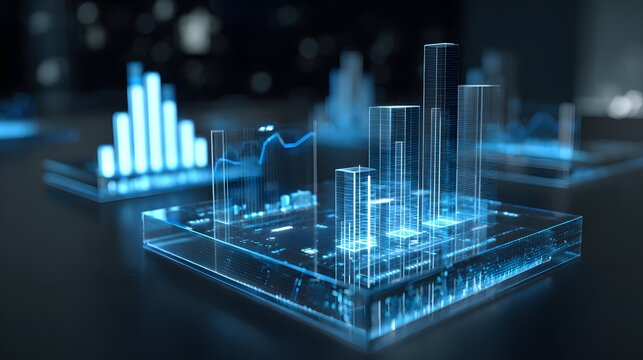 Futuristic holographic city model with data graphs
