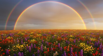 Floral Meadow Under a Double Rainbow, Hopeful Horizon